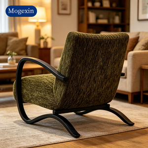 Fauteuil d'appoint élégant en tissu vert avec structure en bois massif courbé, fauteuil simple pour salon et bureau - Product Image 3