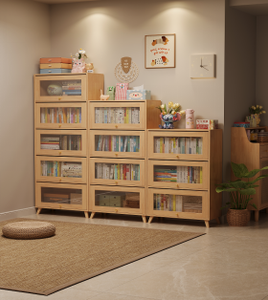 Bibliothèque moderne en bois avec portes vitrées et étagères ouvertes pour le bureau à domicile et le salon - Product Image 2