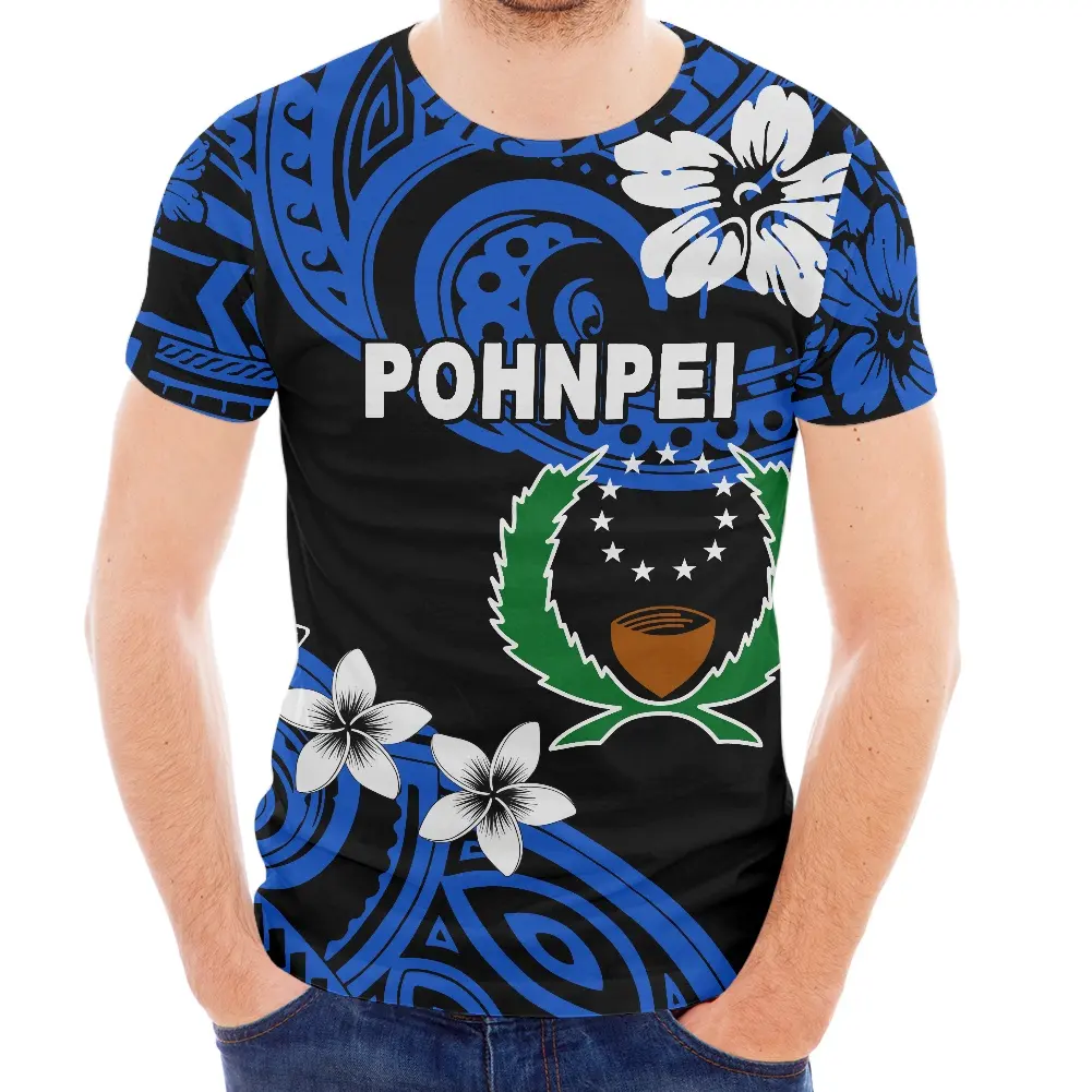 Summer T Shirt For Men Casual Polynesian Hawaiian Hibiscus With Pohnpei Flag Gym T Shirt Men Blue Printed Men Round Neck T Shirt