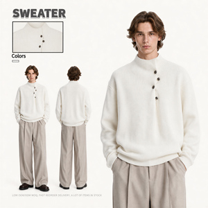 Pull côtelé <span class=keywords><strong>pour</strong></span> homme à col montant, patte de boutonnage diagonale, gris anthracite et crème, coupe décontractée, style streetwear, vente en gros - Product Image 2