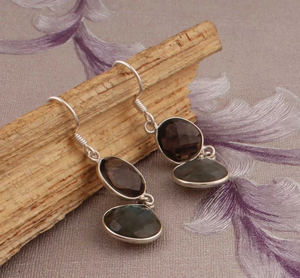 925 Sterling <b>Silver</b> Minimalist <b>Long</b> Hook Drop <b>Earrings</b> with Natural Labradorite Smokey Quartz for Wedding or Gift - Product Image 3