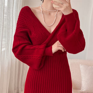 Abito lavorato a maglia con scollo a v Sexy delle nuove donne <span class=keywords><strong>abiti</strong></span> da sera di <span class=keywords><strong>capodanno</strong></span> Pullover maglione autunno inverno <span class=keywords><strong>abiti</strong></span> - Product Image 1