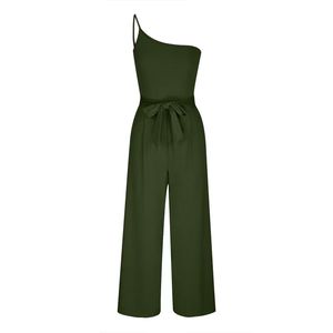 Mono de verano elegante para mujer, holgado, de color liso, con un hombro descubierto, lazo, cintura alta y bolsillos - Product Image 5