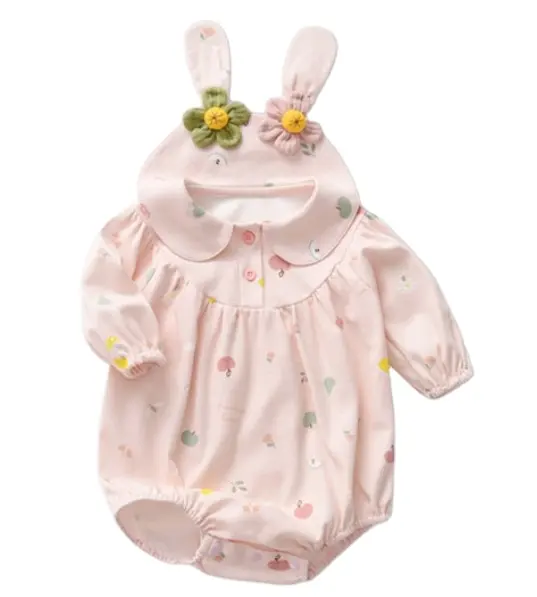 ベビーロンパース春と秋のベビー服かわいいウサギの耳赤ちゃんの女の子のためのonesieロンパース