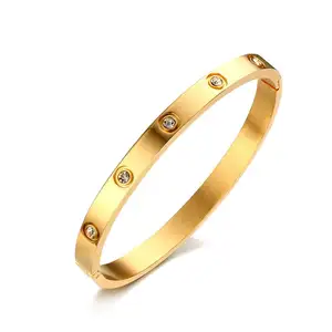 Wholesale fashion jewelry korea style 6mm gold stainless steel bangle bracelet with crystal stone for girls ladies