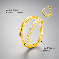 Cincin Hidung Titanium ASTM F136 Berlapis Emas 24K Berkualitas Tinggi Klasik dengan Zirkon dan Berlian Satu Baris Model Double-band