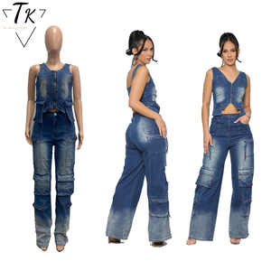 Completo Due Pezzi in Denim alla Moda Think <span class=keywords><strong>Cargo</strong></span> per <span class=keywords><strong>Donna</strong></span>, Top Elasticizzato con Scollo a V e Zip Irregolare, Pantaloni <span class=keywords><strong>Larghi</strong></span> Lavati per Primavera Estate - Product Image 1