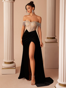 Luxury Black <strong>Velvet</strong> Evening Gowns for Women Sexy <strong>Off</strong> <strong>Shoulder</strong> Crystal Tassel Corset Maxi <strong>Dress</strong> High Slit Prom Formal Party <strong>Dress</strong> - Product Image 6