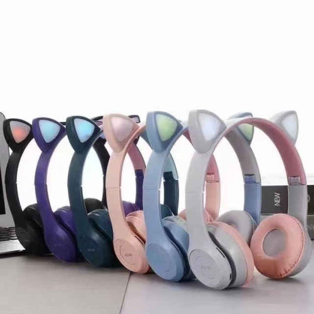 Wireless Blue Tooth Headphones Cute Cat Headphone Ear Audio Stereo Sports Gaming Headset With Mic LED Lights Girl Earphone P47M