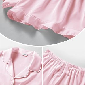 Pyjama en soie satinée pour femmes, 2 pièces, manches courtes, boutonné, avec short à volants, ensemble de vêtements de nuit - Product Image 6