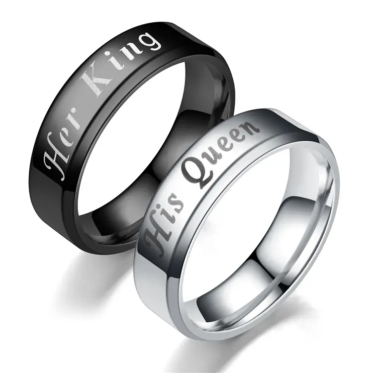Silver Black Stainless steel His Queen Her King Fashion Couple lover Promise Ring for Women Man