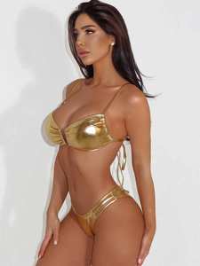 <span class=keywords><strong>Maillot</strong></span> <span class=keywords><strong>de</strong></span> <span class=keywords><strong>bain</strong></span> <span class=keywords><strong>2</strong></span> <span class=keywords><strong>pièces</strong></span> sportif doré pour femme, finition métallique liquide brillante, bas string, patchwork uni, style brésilien, idéal pour les carnavals - Product Image 6