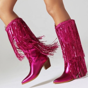 Big Size 48 Women Low Chunky Heels Booties Bling Tassels Cowboy Styles <b>Knee</b> <b>High</b> Boots Paillette Wedges Shoes - Product Image 5