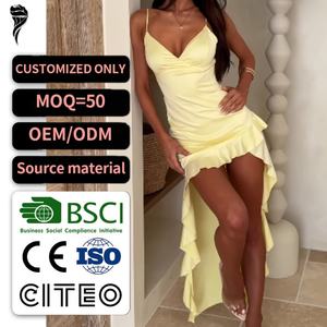 Vestido Maxi de Satén Amarillo Limón para Mujer, con Tirantes Finos, Cuello en V, Dobladillo Asimétrico con Volantes, Estilo Bodycon - Product Image 1