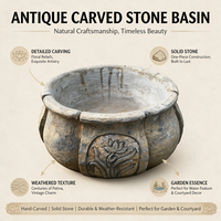 Bol rond vintage en pierre bleue, sculpté à la main avec un motif de lotus, pot en pierre pour la décoration d'eau des jardins et des bonsaïs