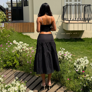 Jupe midi noire taille haute en dentelle pour femme, style vintage à volants superposés, collection été 2026, idéale pour les vacances en campagne - Product Image 5