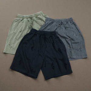 Shorts déchirés en coton pour hommes, taille à cordon, style streetwear décontracté, design délavé et vieilli, respirant, coupe ample - Product Image 1