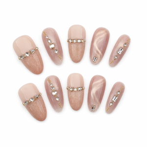 Uñas postizas estilo ojo de gato francés con purpurina de diamante, cobertura completa, reutilizables, acrílicas, medianas, forma ataúd, para mujer - Product Image 3