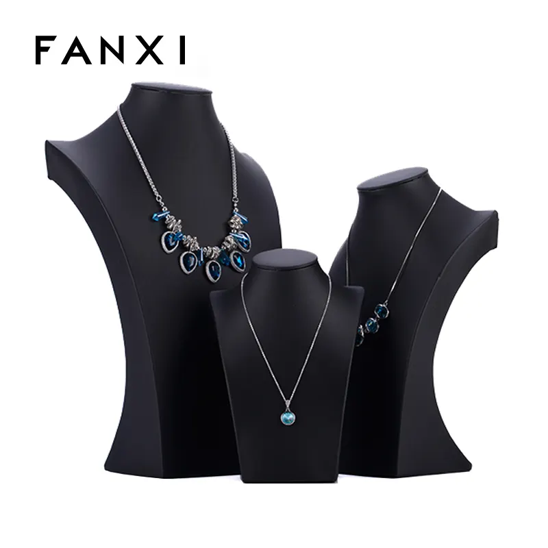 FANXI Personalizzato In Pelle Nera Collana Pendente Al Collo Forma di Visualizzazione Mannequin Stand Per Negozio di Gioielli Vetrina Display Collana di Legno