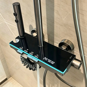 Ensemble complet de <span class=keywords><strong>douche</strong></span> murale carrée moderne en laiton, avec affichage numérique gris anthracite, LED d'ambiance et température constante - Product Image 1