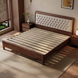 Cama Doble de Madera Maciza de Nogal Negro con Cuero Genuino Acolchado Suave, Estilo Chino Nuevo, Estética de Primera Capa de Piel de Vaca - Product Image 5