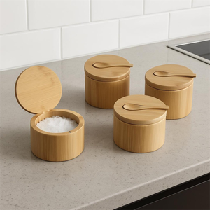 Günstige Bio-Gewürzdosen im amerikanischen Dorfküchen-Stil mit individuellem Logo, Salz- und Pfefferbehälter aus Bambus, Magnetdeckel und Löffel - Product Image 3