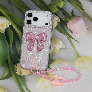 Coque de téléphone transparente Coquette Mignonne Cœur Laser Bling Cristal Nœud <span class=keywords><strong>Perle</strong></span> avec Chaîne de Main Perlée Assortie pour iPhone X-17 Samsung Redmi - Product Image 3