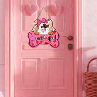 Panneau suspendu en bois pour la Saint-Valentin avec nœud I Woof You Pet Dog Welcome Wreath Signs Pink Door Decor Indoor Outdoor Wall Window