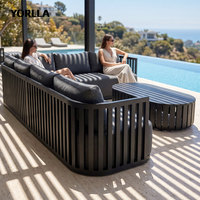 Ensemble de salon de jardin en teck foncé résistant à l'eau, avec assise profonde en oléfine, canapé modulaire pour patio