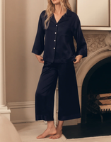 Ensemble de pyjama en satin pour femme, chemise à col cranté et pantalon large court à taille élastique, vêtements de nuit de luxe unis, couleur personnalisable