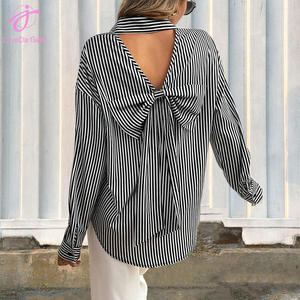 Camicia Loveda estiva da donna, casual, a righe bianche e nere, con fiocco sulla schiena e bottoni sul davanti, a maniche lunghe, molto venduta. - Product Image 6
