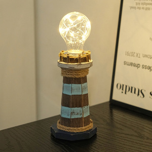Lámpara de escritorio LED E27 con forma de faro de madera estilo mediterráneo, con acabado envejecido, para decoración del hogar. - Product Image 2