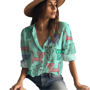 เสื้อชีฟองผู้หญิงทรงหลวม ดีไซน์ใหม่ปี 2024 ลายแมวน่ารัก พิมพ์ลายดิจิตอล 3 มิติ สไตล์หวานๆ ลายสัตว์สุดฮิต พร้อมดีเทลแบบแมนดาริน - Product Image 1