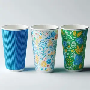 Cenando Disposable Double-Walled Coffee Paper Cups 6-24 Ounce Sizes with Gold Foil Print for Beverages Industrial Use