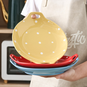 Assiette en céramique à pois créative pour cuire le riz, usage domestique, jolie assiette à dessert et à salade, assiette creuse avec poignées, petit-déjeuner - Product Image 2
