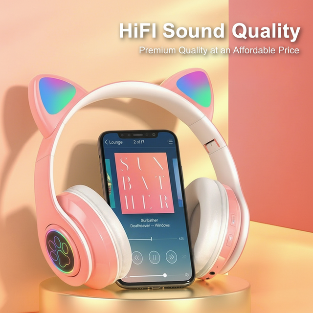 Cat Ear B39 for 5.3 Headset Stereo Cute LED Luminous Wireless Life Waterproof NFC Enabled 10-15 Hours Battery Hi-Fi