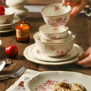 Cổ Điển Gạo Gốm Bát Salad <span class=keywords><strong>Set</strong></span> Cho Nhà Hàng Sang Trọng Thiết Lập Các Tấm Bộ Đồ Ăn Với Màu Hồng Hoa Hồng - Product Image 2