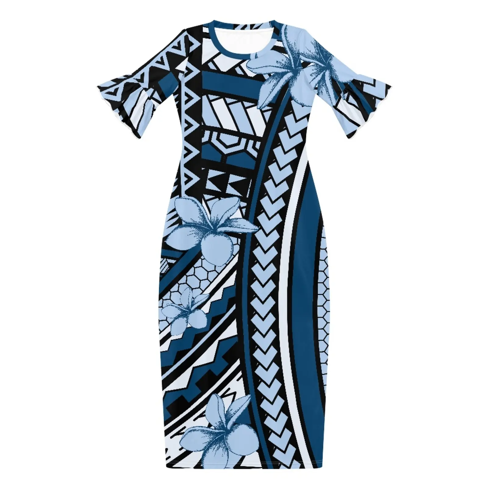 Últimas mujeres azul patrón Hawaiano volantes sin mangas Casual cuello redondo Flowy Midi A Line elegante vestidos de fiesta en la playa para damas