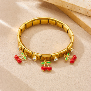 Fashionable Cherry Pendant Gold Plated Stainless Steel Bracelet Women's Jewelry Geometric Square Design - Product Image 3