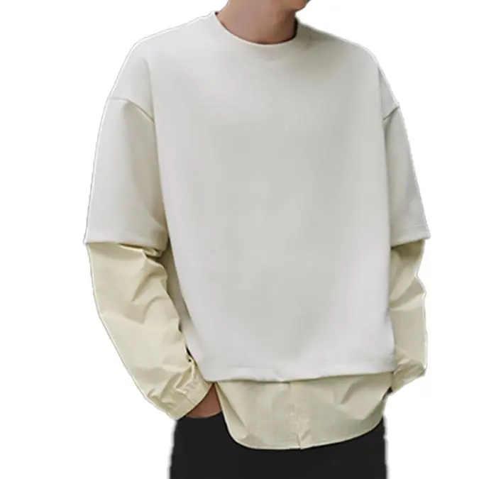 Finch konfeksiyon 250G100% pamuk boş Crewneck ekleme iki parçalı uzun kollu T-shirt çift giysi rahat gevşek erkek tişört