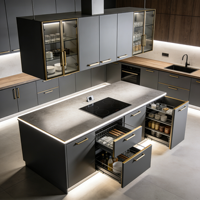 Meubles de cuisine de style ferme moderne avec îlot gris foncé et finitions dorées