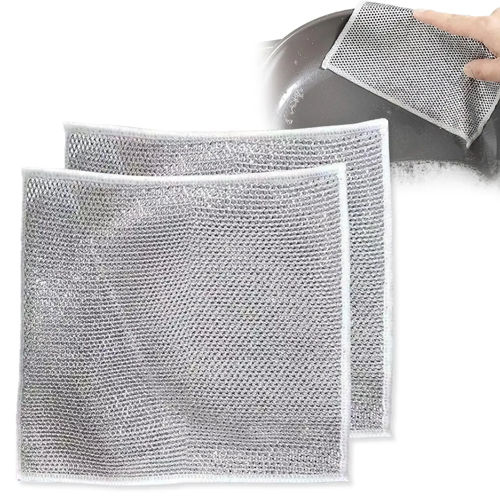 ผ้าเช็ดจานลวดสีเงินสองด้านสำหรับใช้ในครัวผ้าขัดมหัศจรรย์อุปกรณ์ในครัวเรือนผ้าทำความสะอาดลวดเงิน