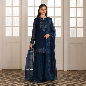 Elegante Salwar Kameez Azul Marino Bordado, Vestido de Novia Tradicional Indio/Pakistaní, Estilo Holgado y Largo hasta el Suelo para Mujer - Product Image 1