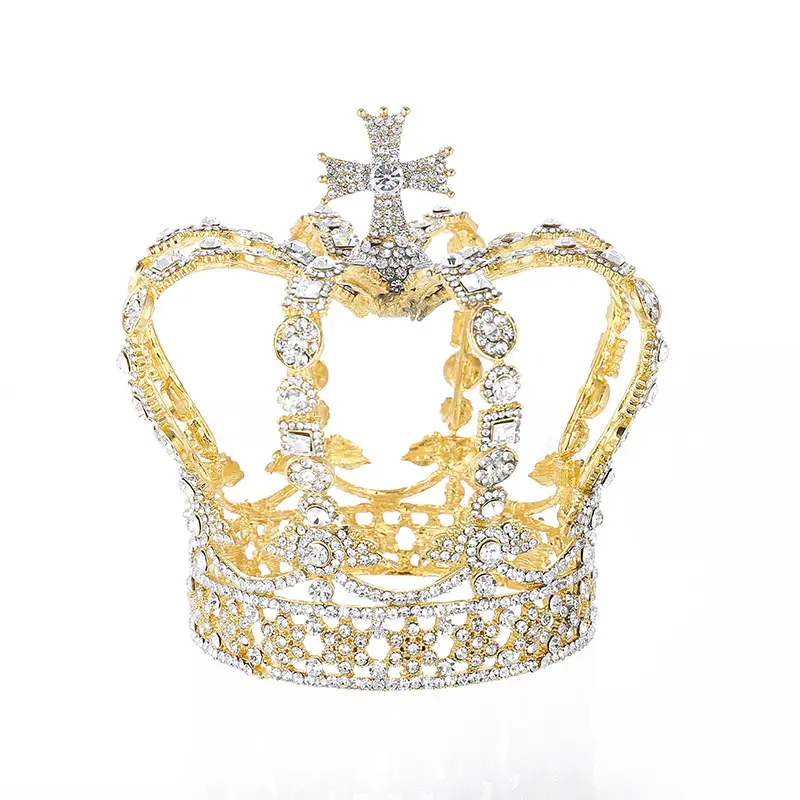Penjualan Terbaik Mahkota Cross Mahkota Berlian Imitasi Full King Tiara Gaun Pertunjukan Kepala Pernikahan Grosir Pemenang Amazon Mahkota Tinggi Besar