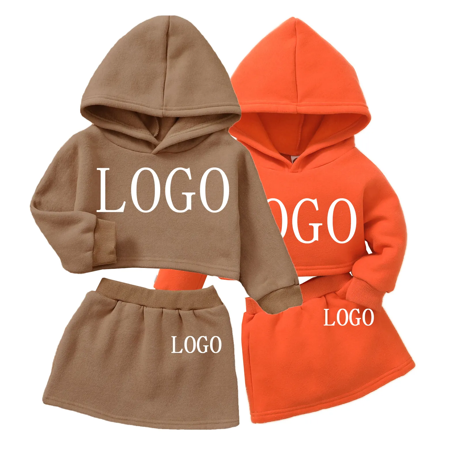 OEM-logotipo personalizado para niños, fabricantes de ropa de verano para niñas, camisetas para trotar, Sudadera con capucha y faldas cortas, conjuntos de dos piezas