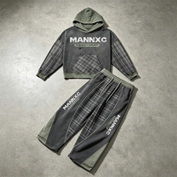 Conjunto de Sudadera con Capucha Corta y Pantalones Deportivos para Hombre, con Logotipo Personalizado, Lavado Ácido, Diseño a Cuadros, Estilo Vintage, con Estampado de Letras