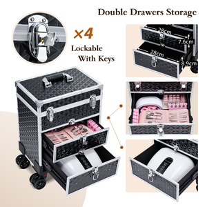 Aluminum Trolley Train <b>Case</b> with 360° Swivel Wheels Professional <b>Makeup</b> Rolling <b>Case</b> with Sliding Drawers Travel Cosmetic Box - Product Image 4