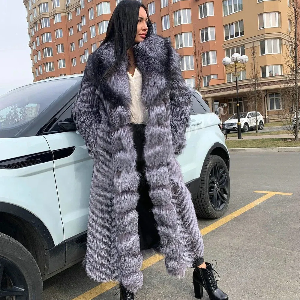 Fashion X-long Real Silver Fox Fur Coat with Big Turn-down Collar Winter Women High Quality Genuine Silver Fox Fur Coats Female