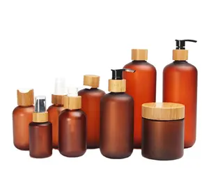 Fabrikant Aanpassen Amber Plastic Fles Met Bamboe Houtpomp Houten Deksel 100Ml 150Ml 200Ml 250Ml