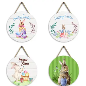 Wholesale Happy Easter Decor Wall Art Front Door Welcome Sign 12'' Round Wooden Lovely Bunny Rabbit Egg Painting for Home Crafts